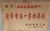 成武县8868体育平台燃气有限公司获得2014年度“菏泽市五一劳动奖状”及“菏泽市学习型组织标兵单位”称号